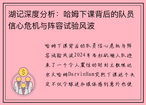 湖记深度分析：哈姆下课背后的队员信心危机与阵容试验风波