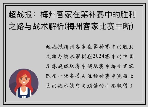 超战报：梅州客家在第补赛中的胜利之路与战术解析(梅州客家比赛中断)